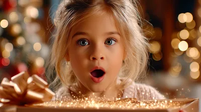 Surprised Little Girl Opening A Magical Christmas Gift