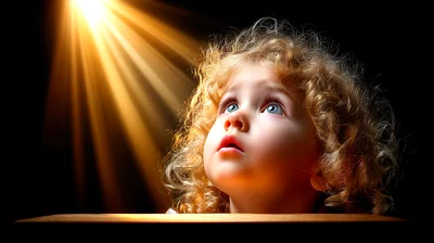 Young Child Looking Upwards With Wonder In Golden Light