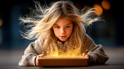 Young Girl Opening A Magical Glowing Gift Box