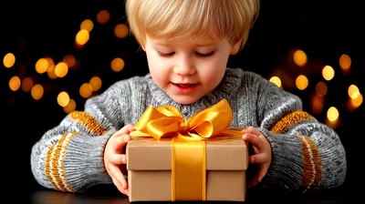 Young Child Holding A Gift Box With Golden Ribbon