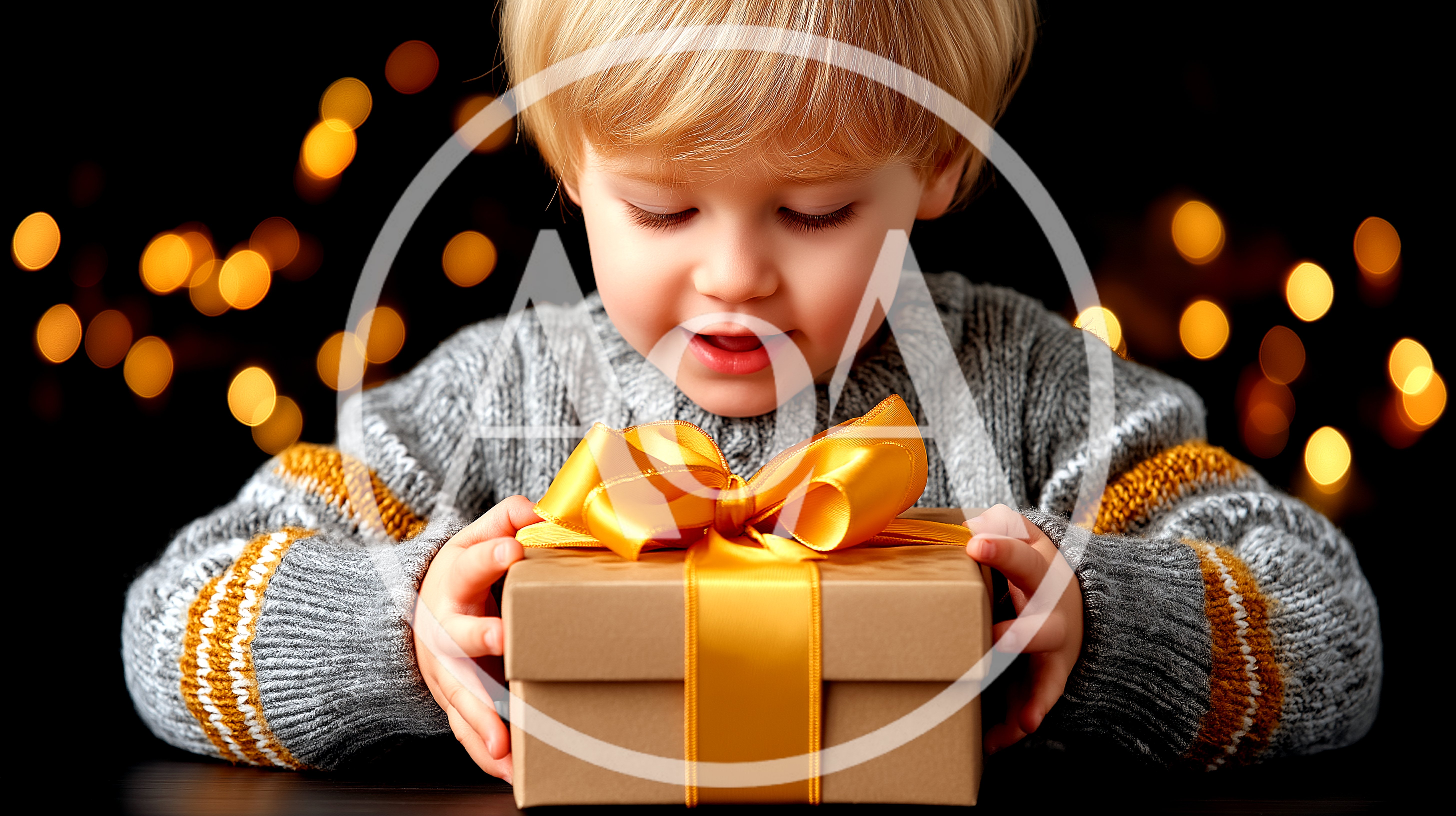 Young Child Holding A Gift Box With Golden Ribbon