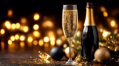 Champagne Flute and Bottle with Festive Holiday Ornaments