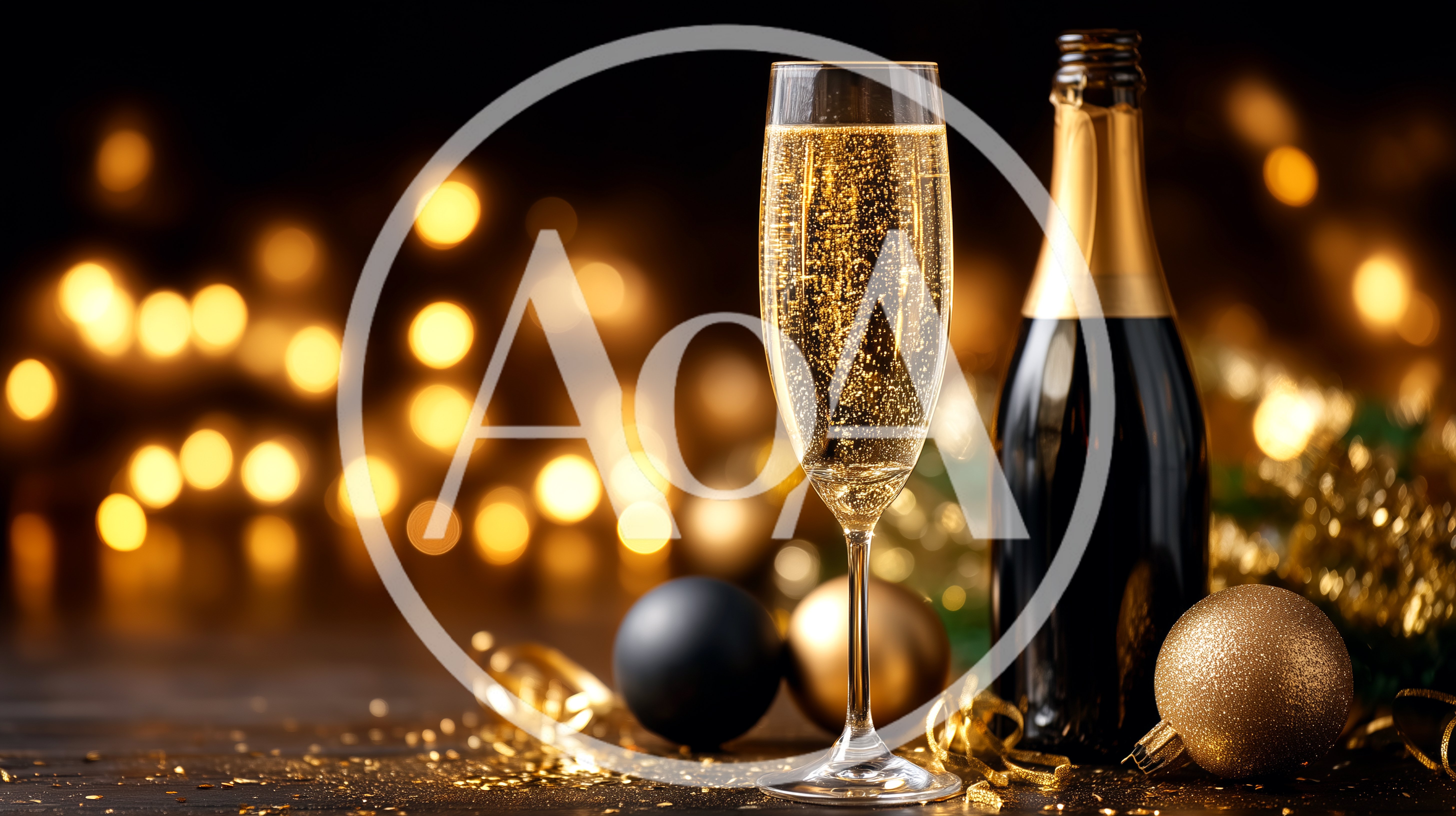 Champagne Flute and Bottle with Festive Holiday Ornaments
