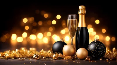 Champagne Bottle And Flute With Christmas Ornaments