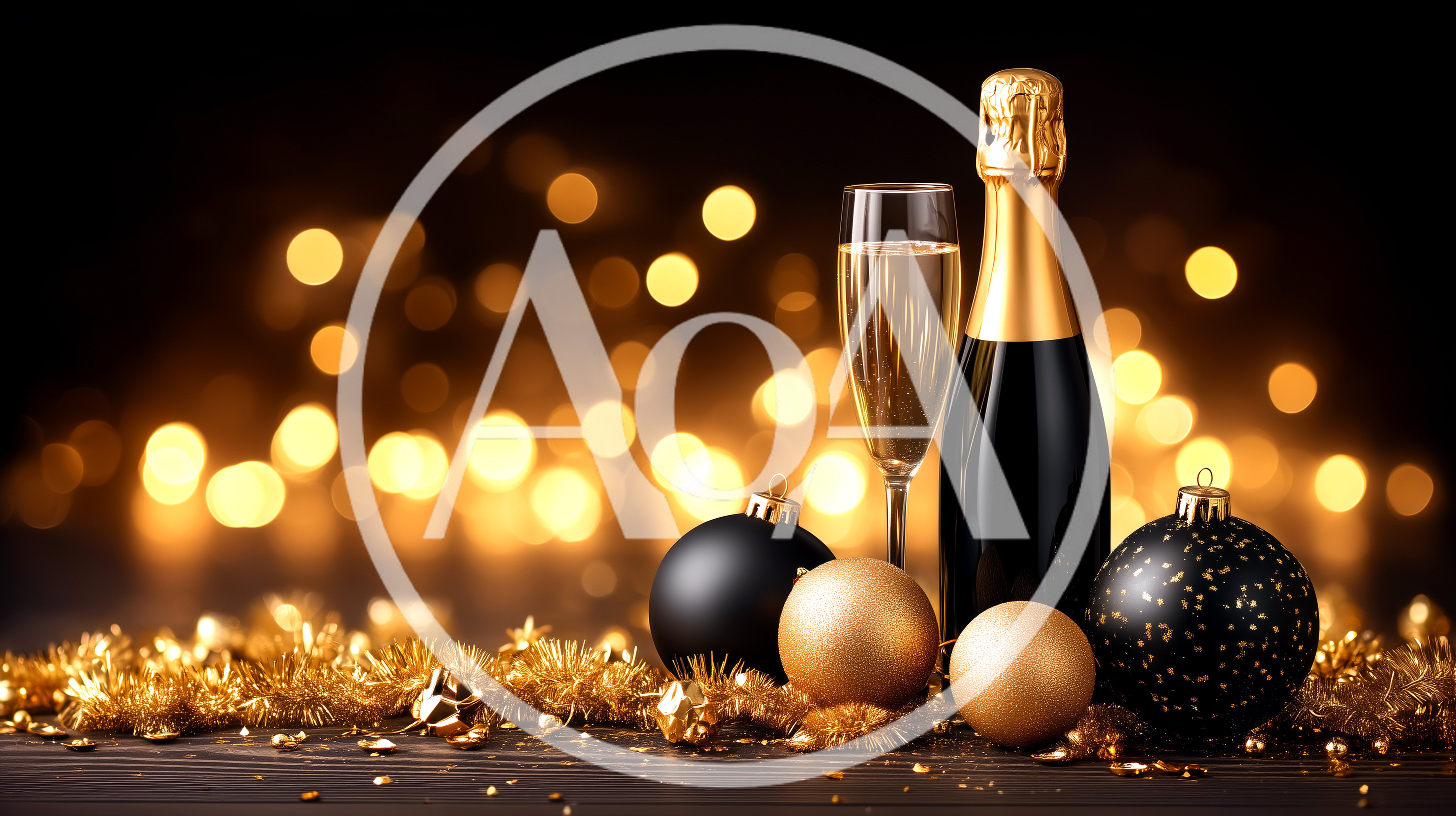 Champagne Bottle And Flute With Christmas Ornaments