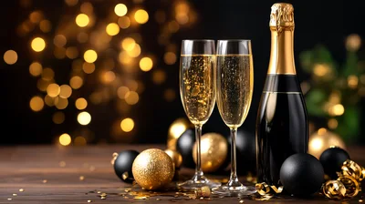 Champagne Bottle And Two Flutes With Holiday Ornaments