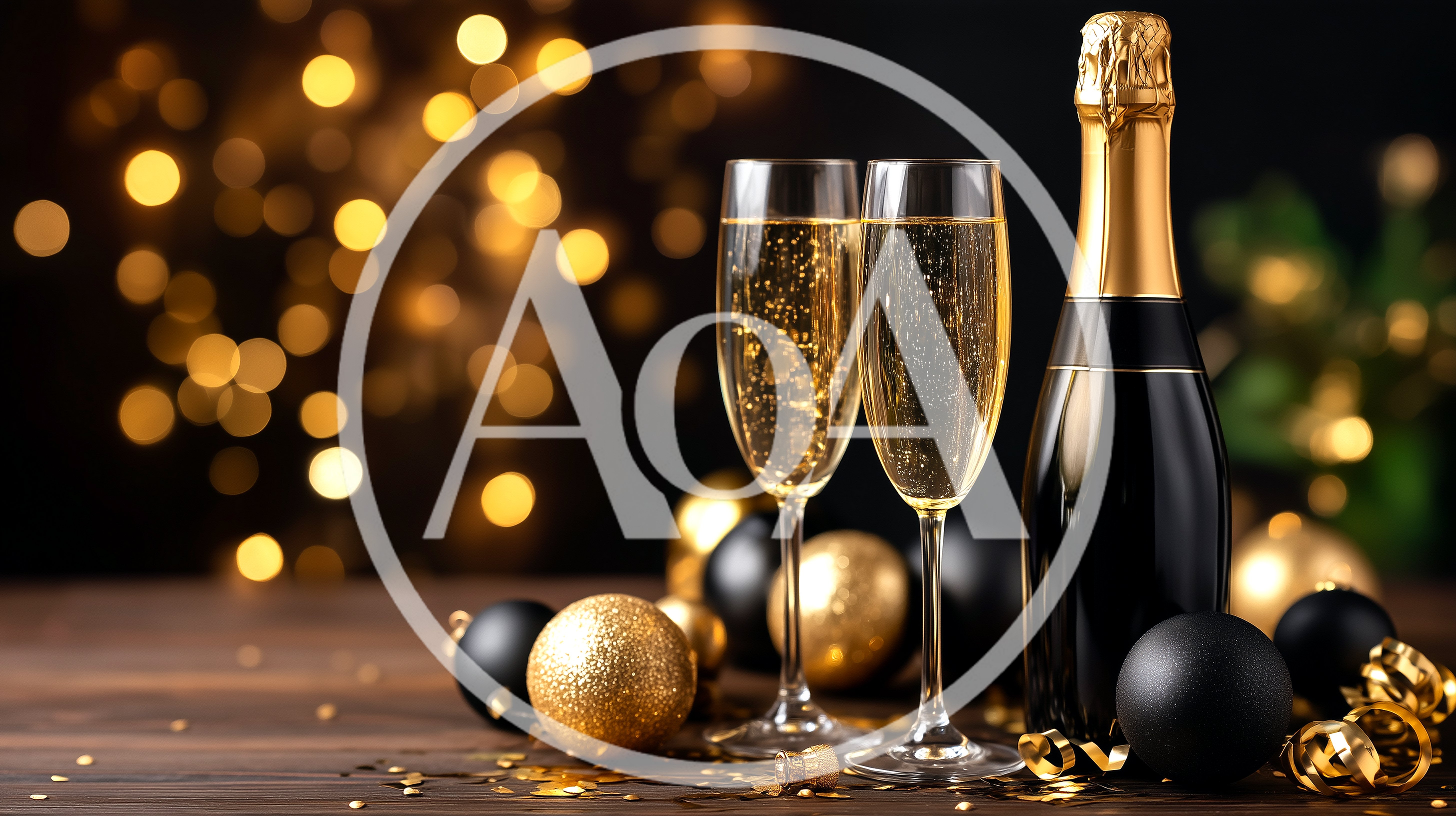 Champagne Bottle And Two Flutes With Holiday Ornaments