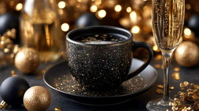 Black Glitter Coffee Cup With Champagne Flute