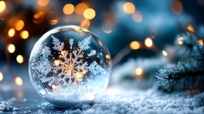 Glass Ornament With Snowflake Pattern On Snowy Surface