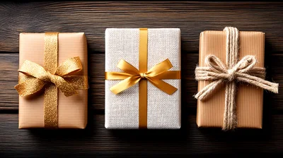 Three Wrapped Gift Boxes On Dark Wooden Surface