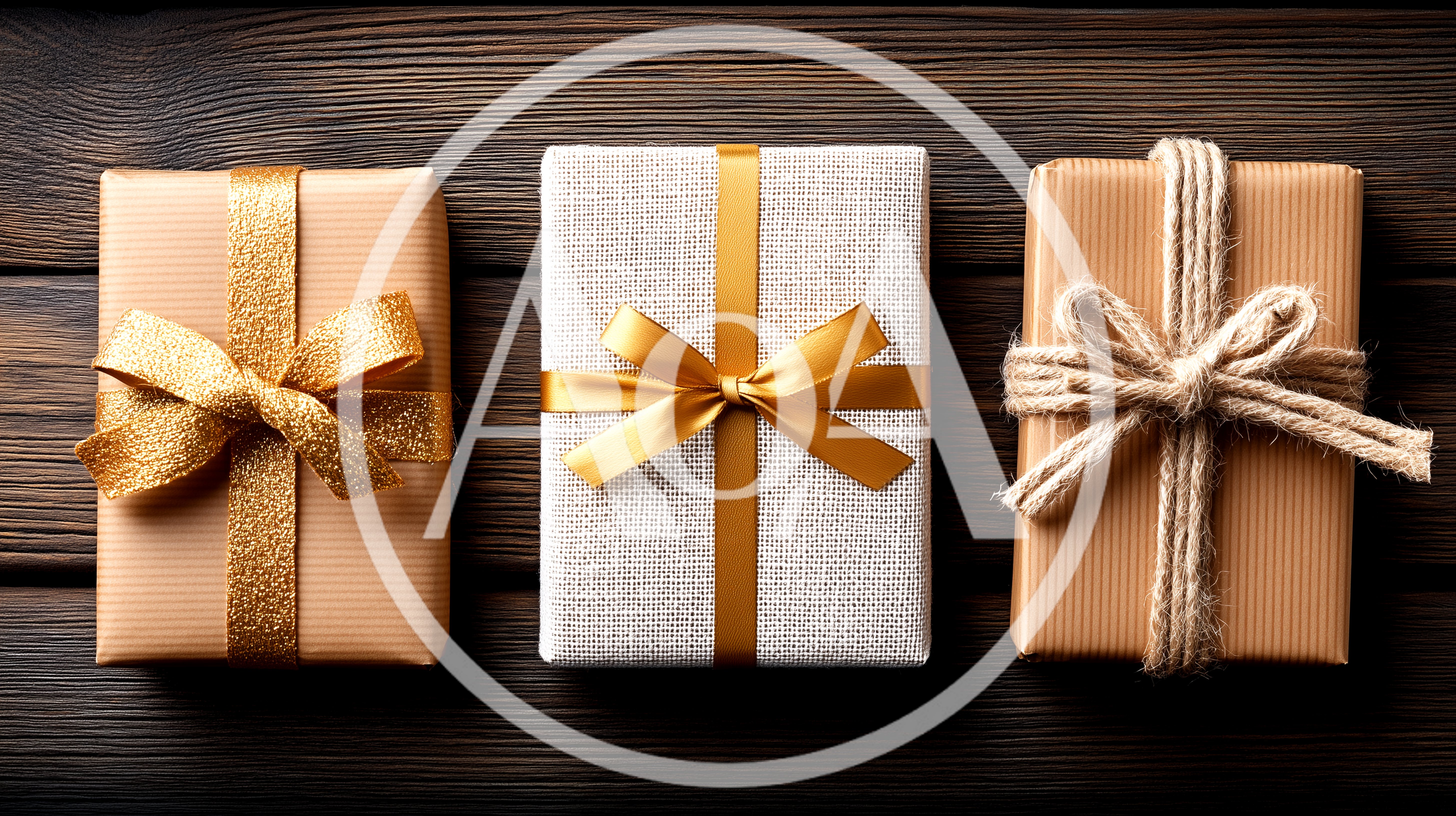 Three Wrapped Gift Boxes On Dark Wooden Surface