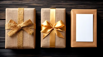Three Wrapped Gift Boxes On Dark Wooden Background