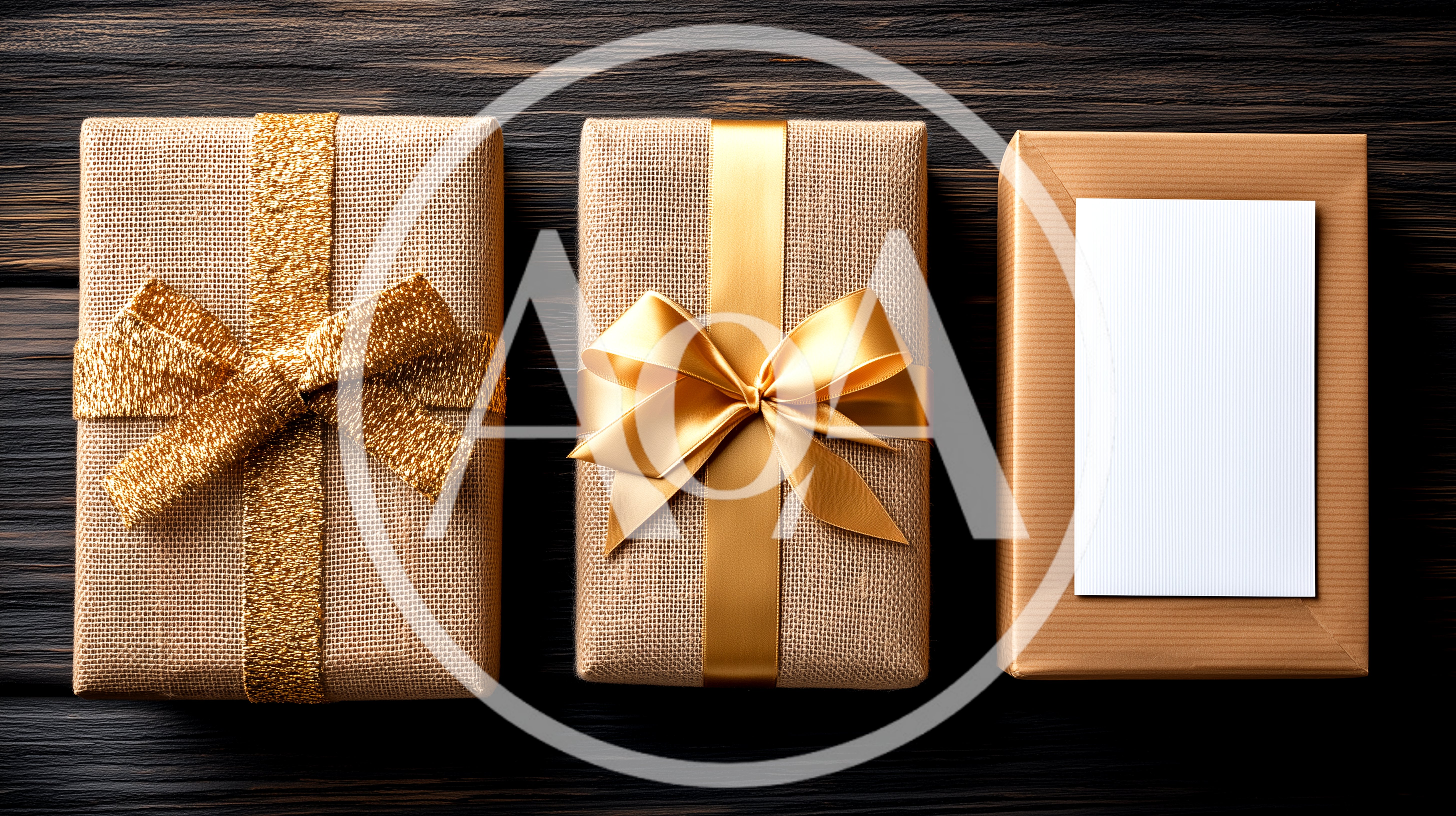 Three Wrapped Gift Boxes On Dark Wooden Background