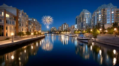 Fireworks Over The Waterfront At Night