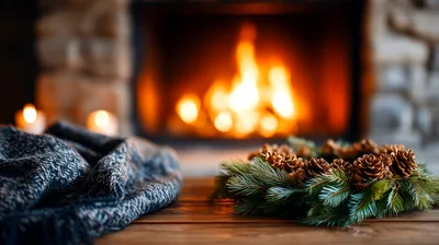 Christmas Wreath And Knitted Blanket By A Cozy Fireplace