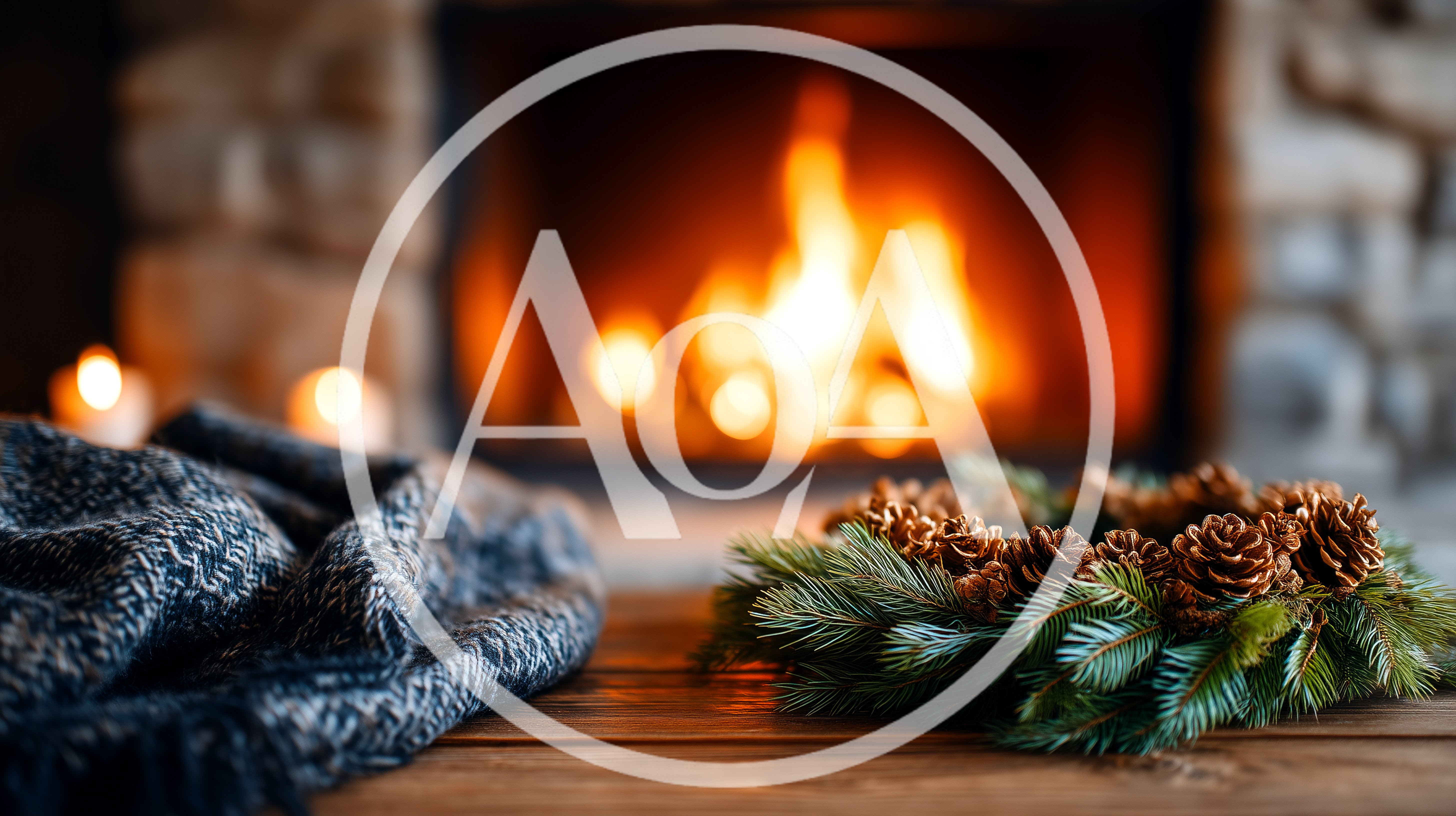 Christmas Wreath And Knitted Blanket By A Cozy Fireplace