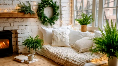 Cozy Christmas Reading Nook With Fireplace And Plants