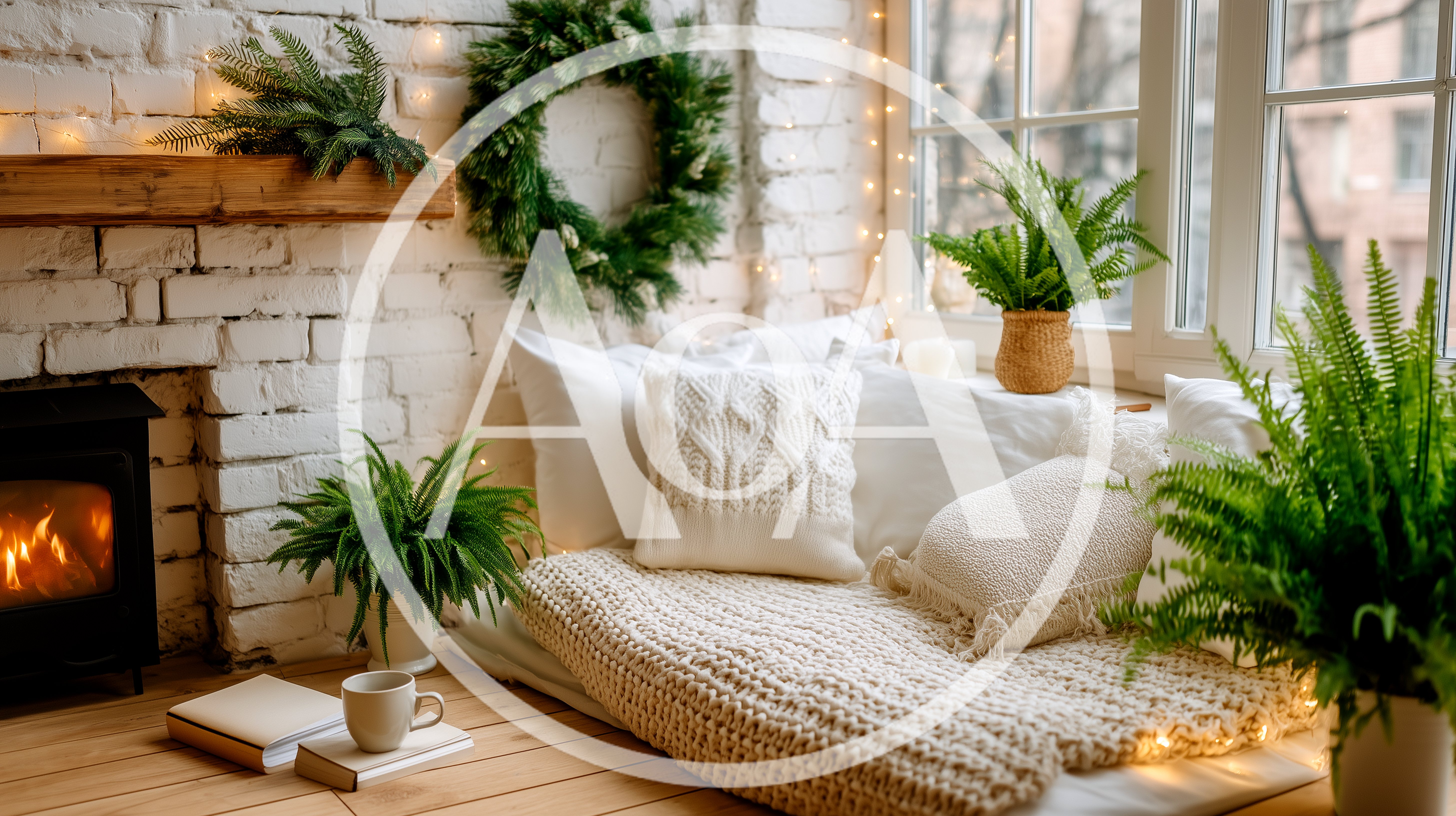 Cozy Christmas Reading Nook With Fireplace And Plants
