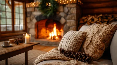 Cozy Living Room Interior With Fireplace And Knit Pillows