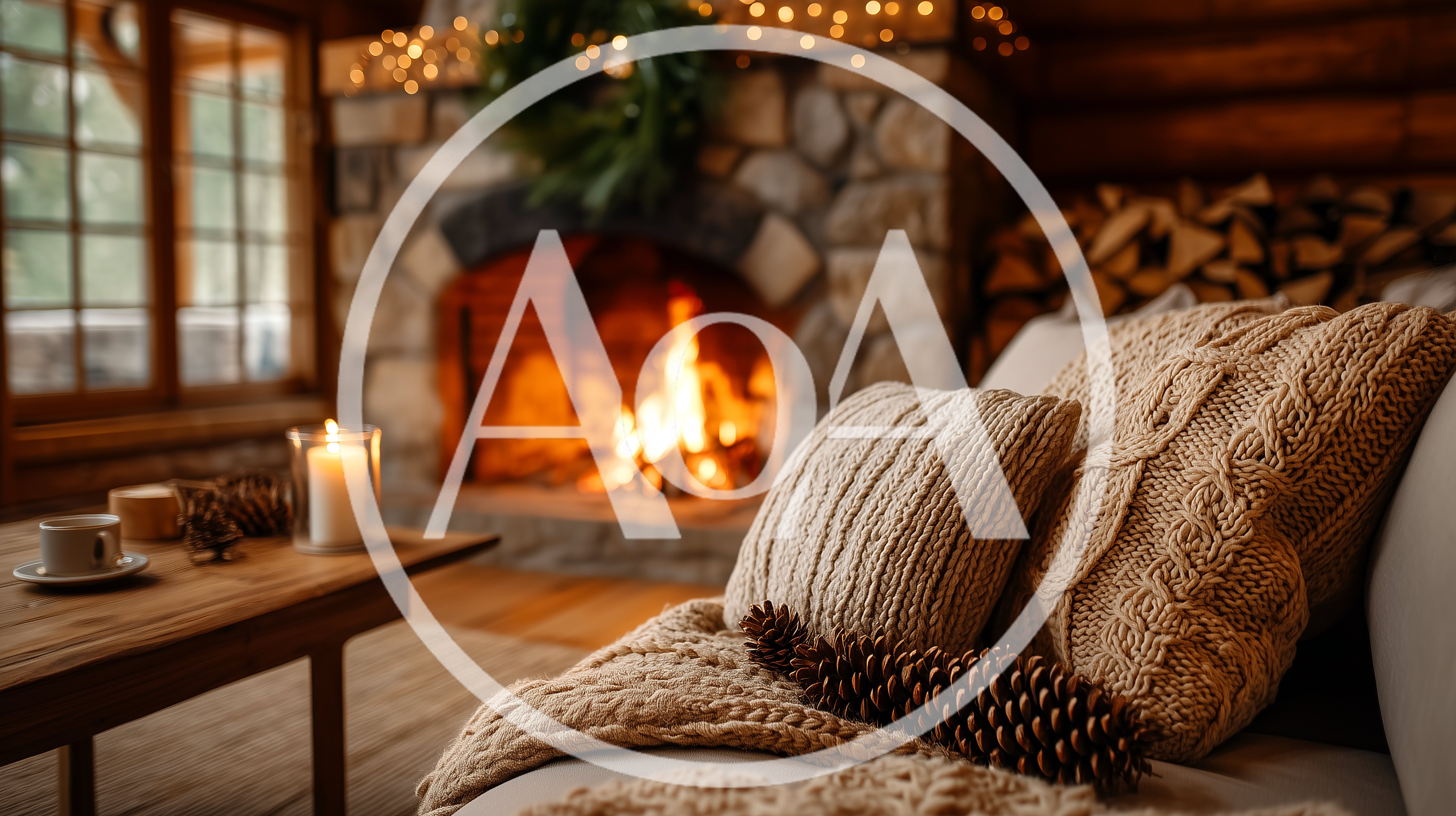 Cozy Living Room Interior With Fireplace And Knit Pillows