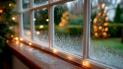 Frosted Window Pane With Christmas Lights At Night