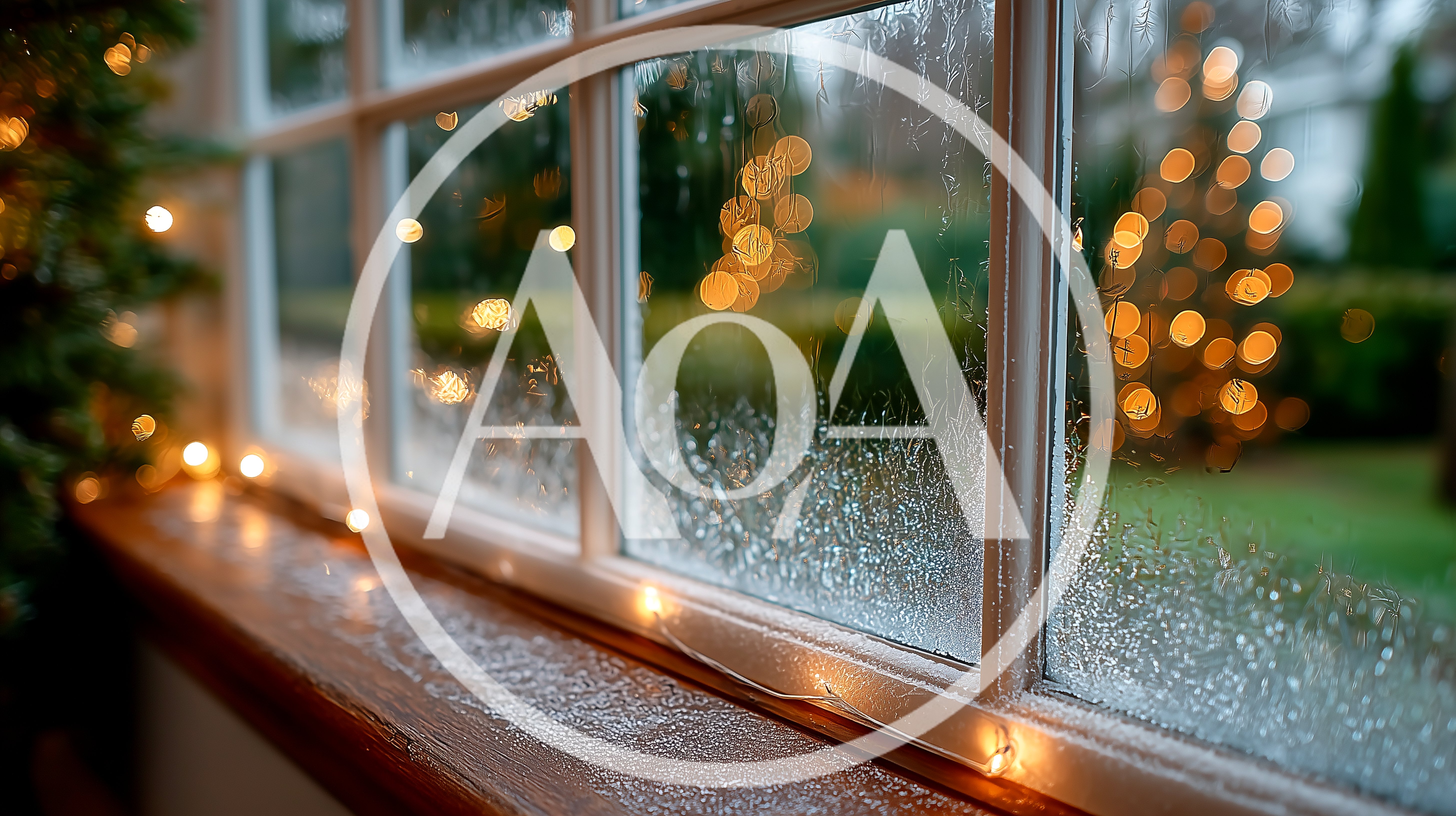 Frosted Window Pane With Christmas Lights At Night