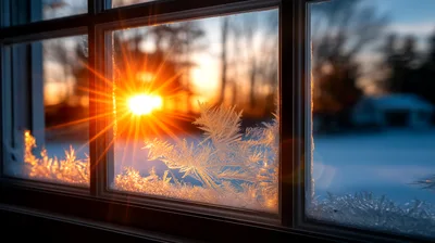 Golden Sunrise Through Frost Covered Window Pane