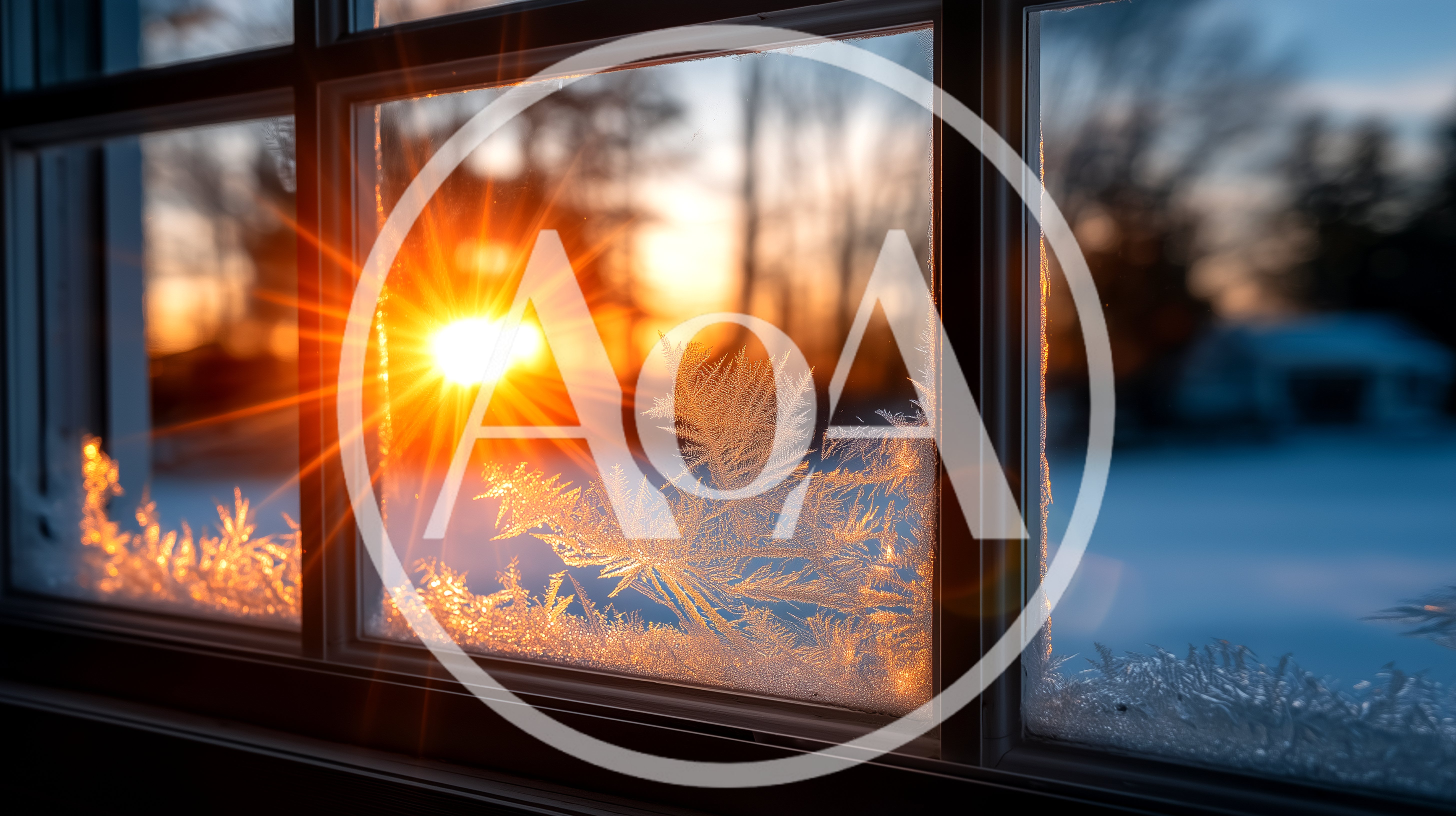 Golden Sunrise Through Frost Covered Window Pane