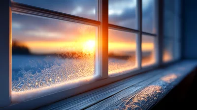 Frosty Window Pane Overlooking A Winter Sunset