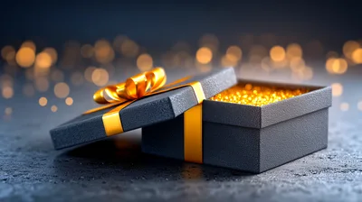 Open Black Gift Box With Golden Contents