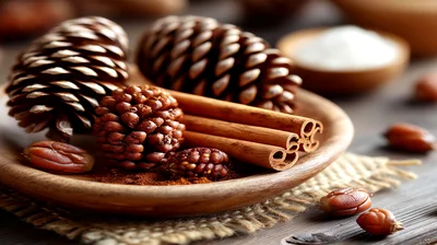 Pine Cones and Cinnamon Sticks on Wooden Plate
