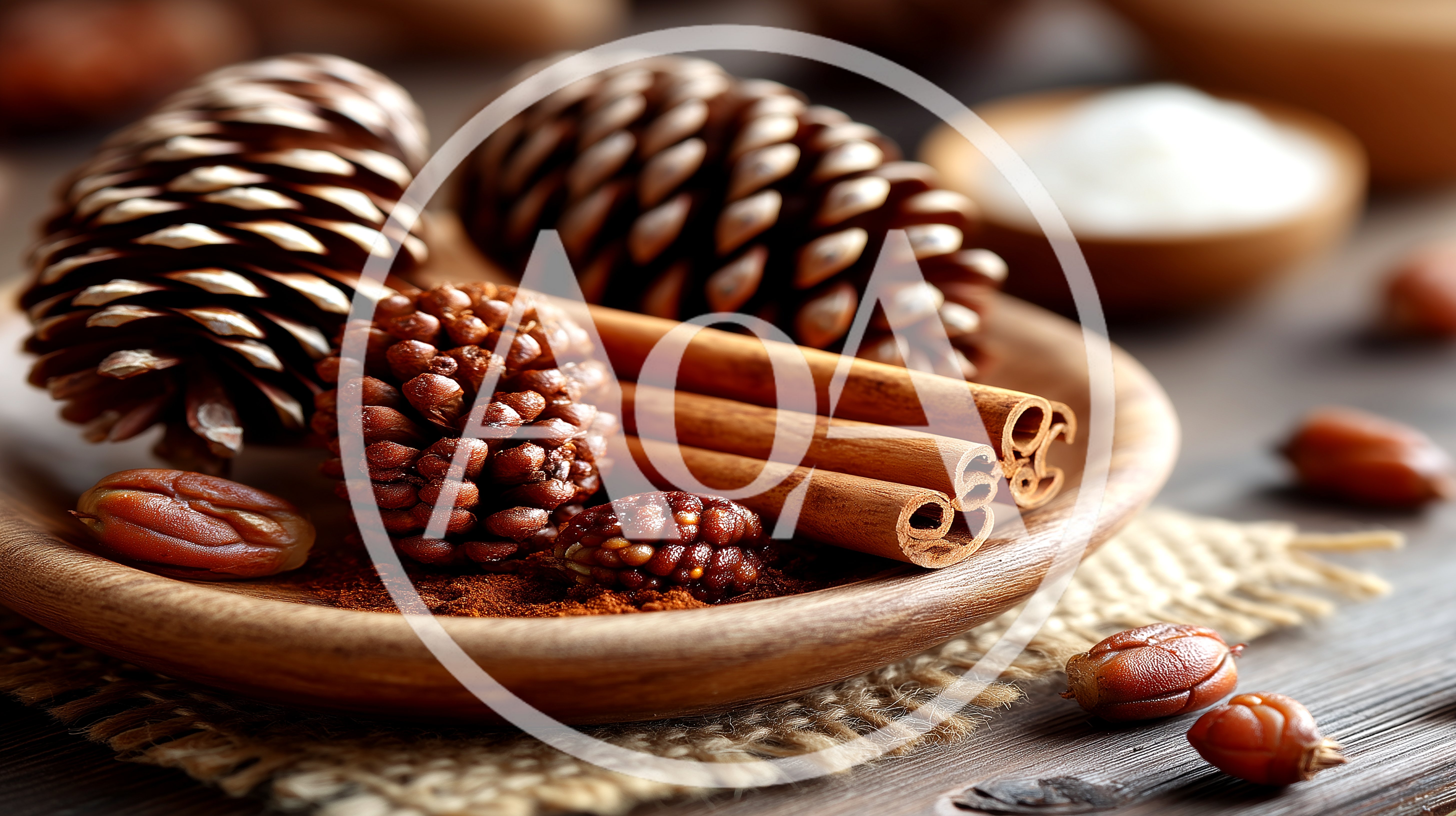 Pine Cones and Cinnamon Sticks on Wooden Plate
