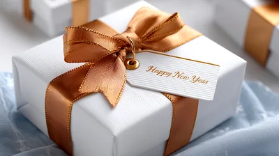 White Gift Box With Gold Ribbon And New Year Tag