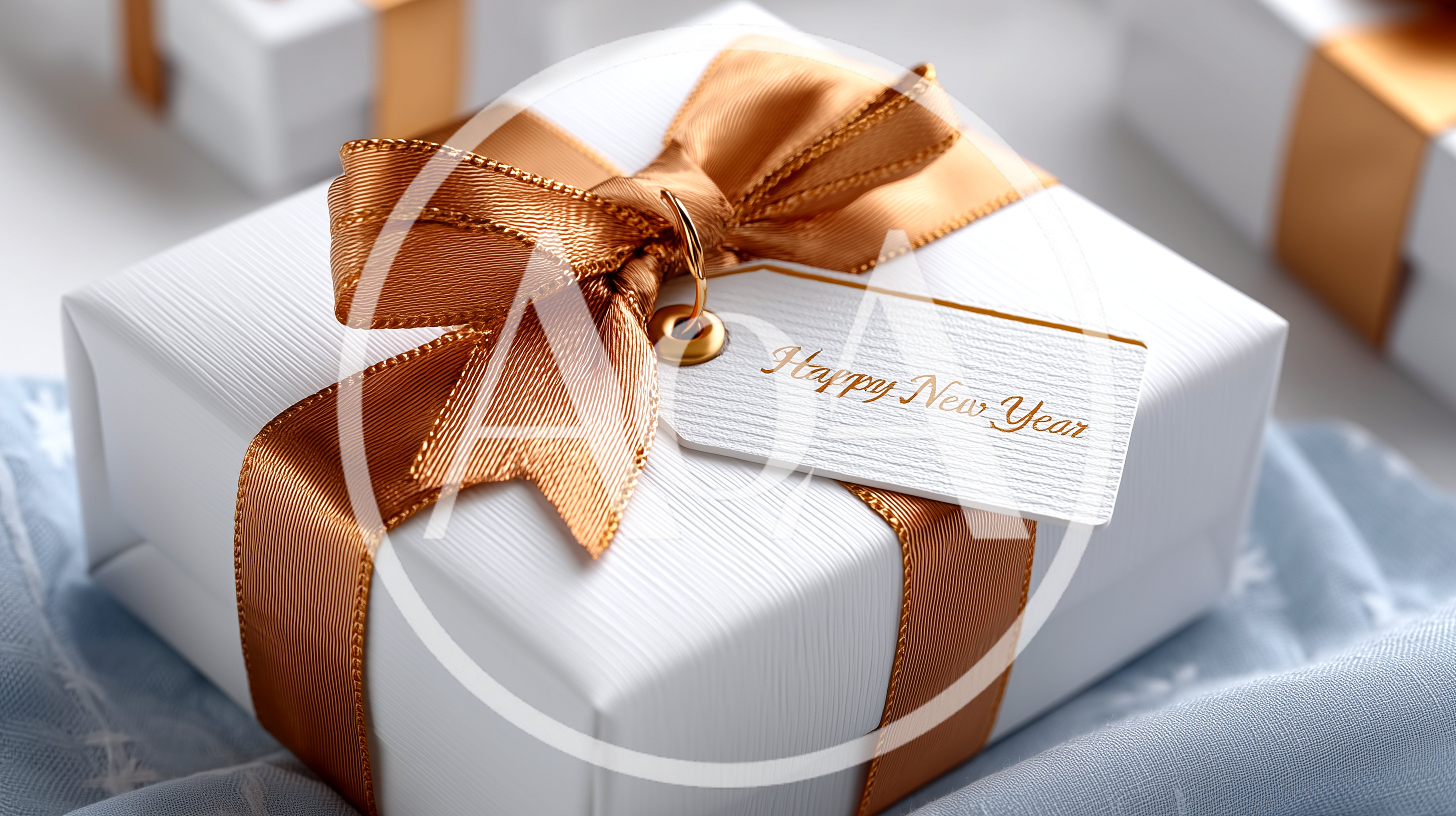 White Gift Box With Gold Ribbon And New Year Tag