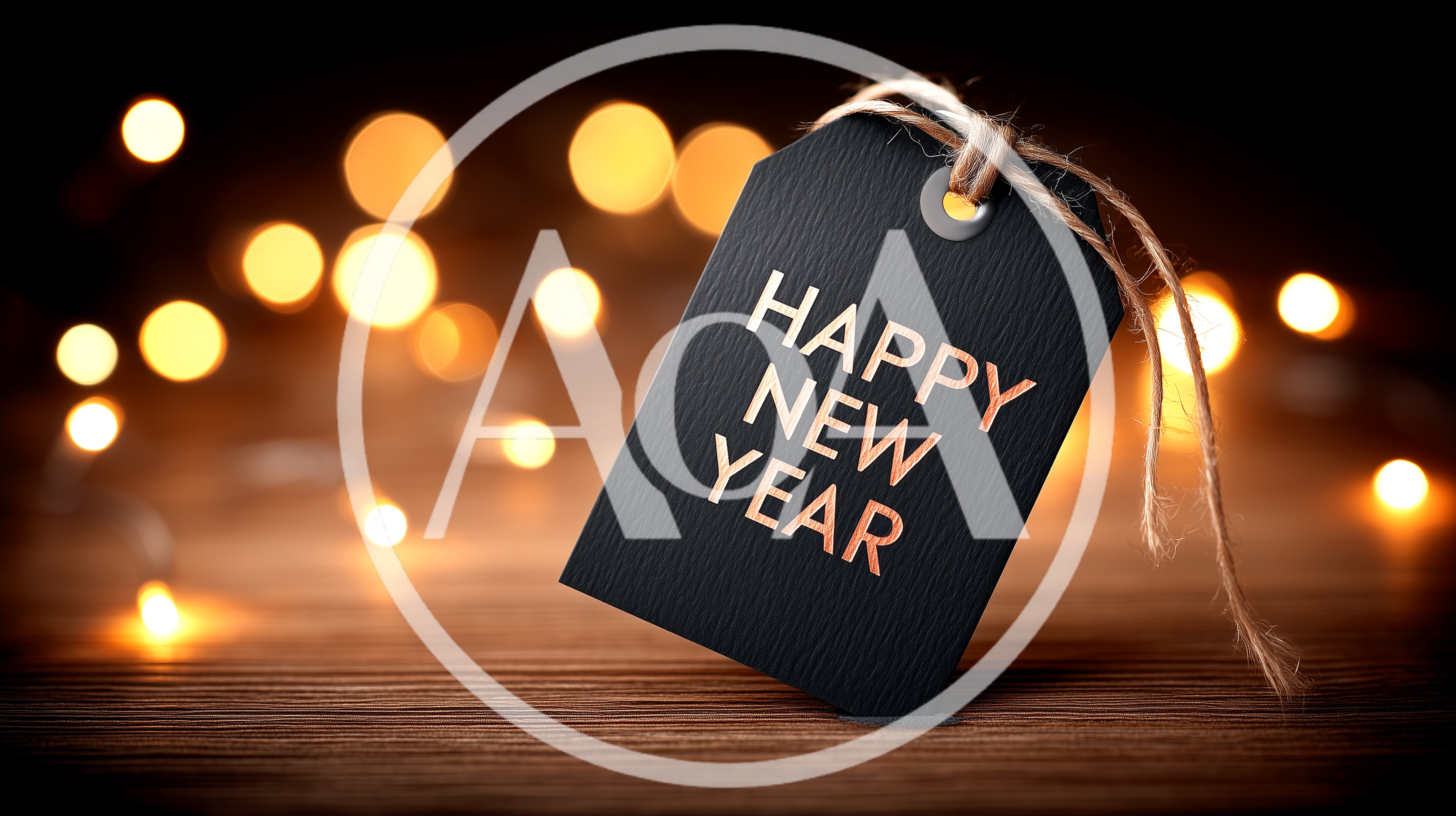 Happy New Year Text On Black Tag With Bokeh Lights