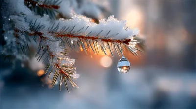 Snow Covered Pine Branch With A Single Water Droplet