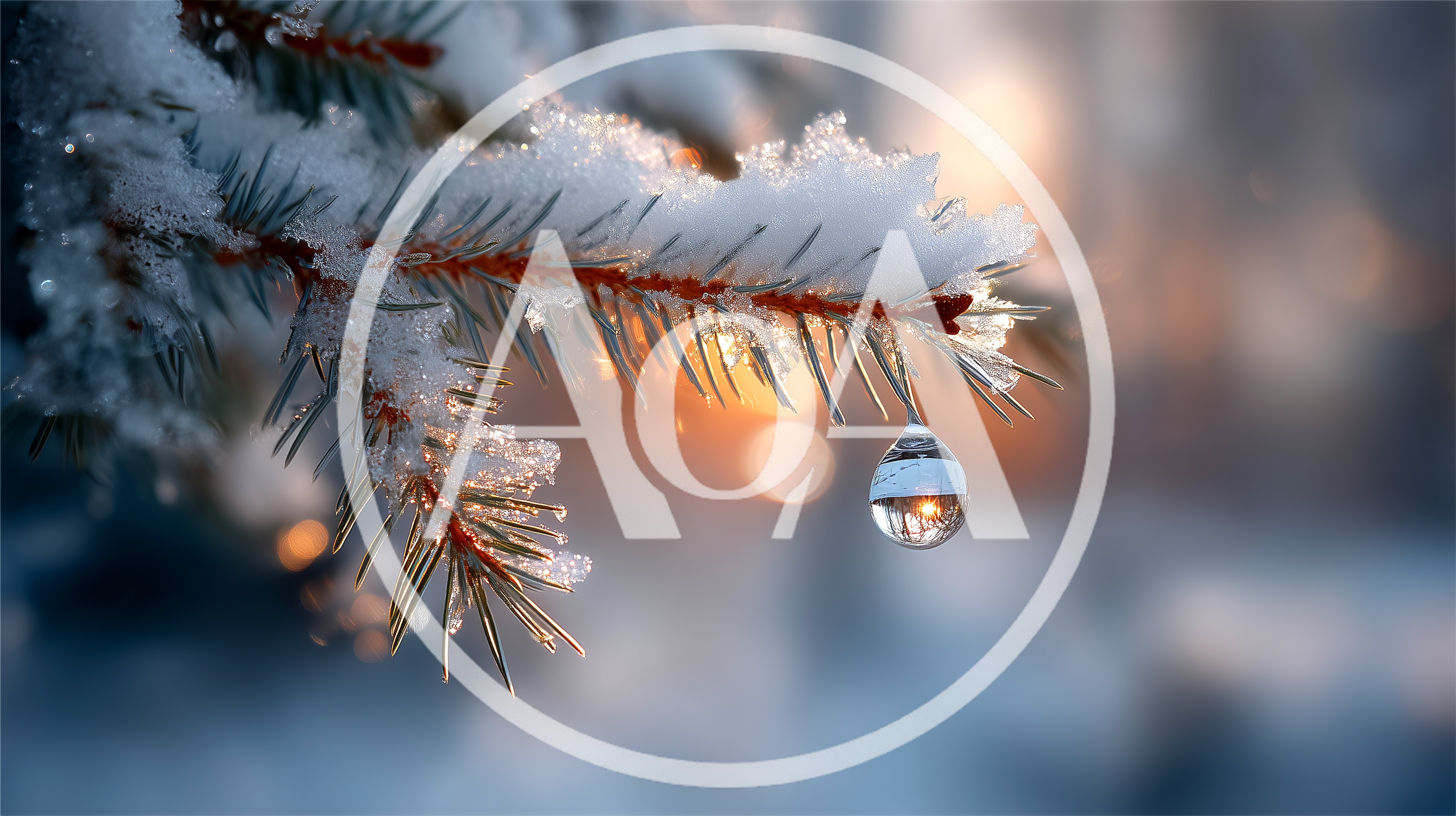Snow Covered Pine Branch With A Single Water Droplet