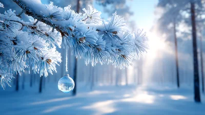 Clear Glass Ornament Hanging From Snowy Pine Branch