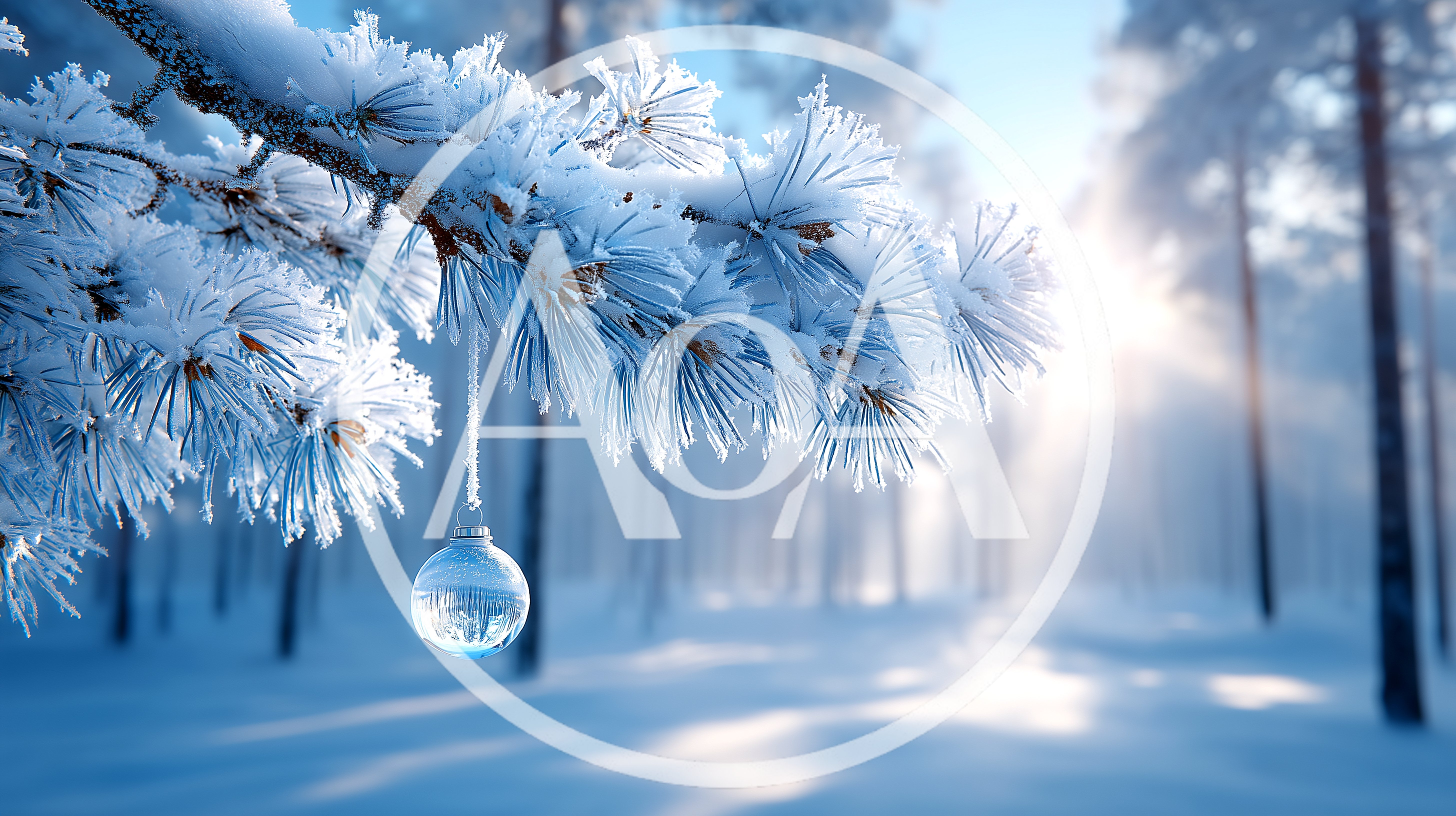 Clear Glass Ornament Hanging From Snowy Pine Branch