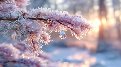Frost Covered Pine Branch With A Single Water Droplet