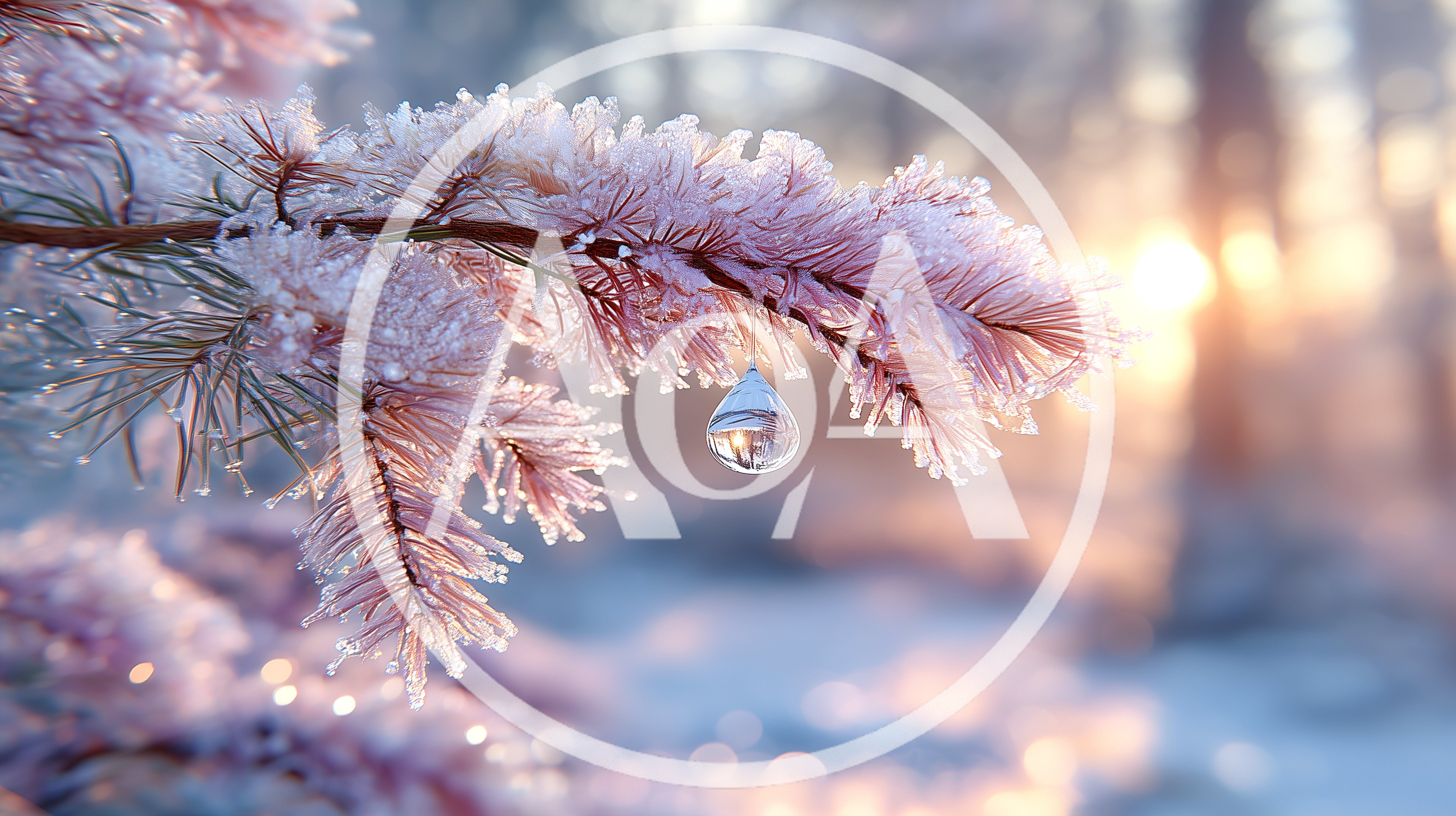 Frost Covered Pine Branch With A Single Water Droplet