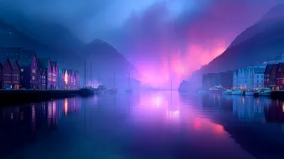 Bergen Bryggen Waterfront At Twilight With Vibrant Aurora