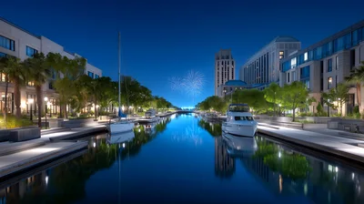Luxury Waterfront Canal With Boats At Night