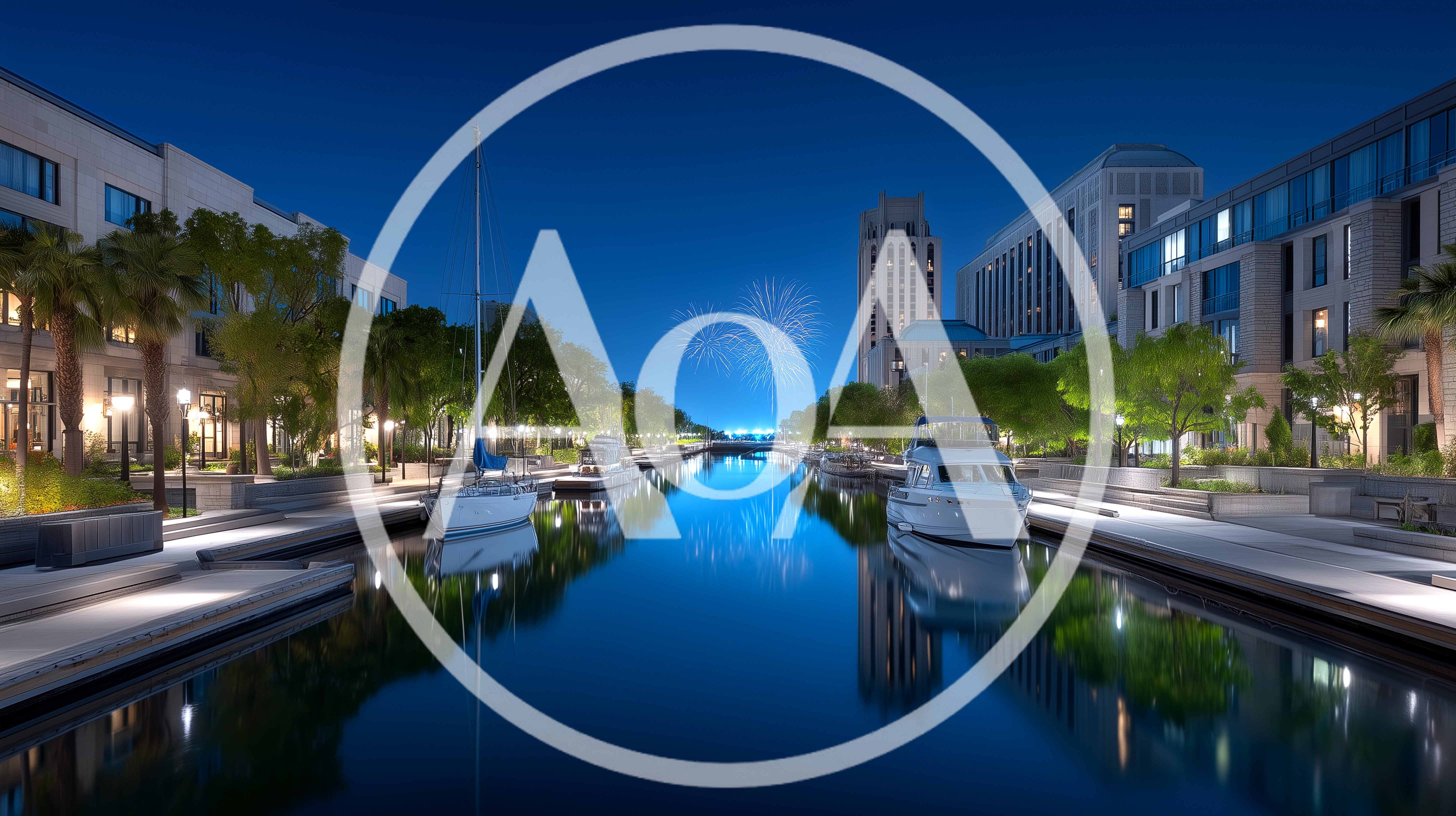 Luxury Waterfront Canal With Boats At Night