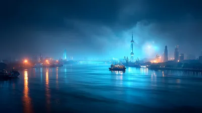 Shanghai Skyline At Night With Huangpu River