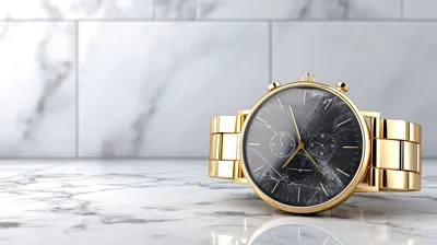 Gold Chronograph Watch With Marble Face On Marble Surface