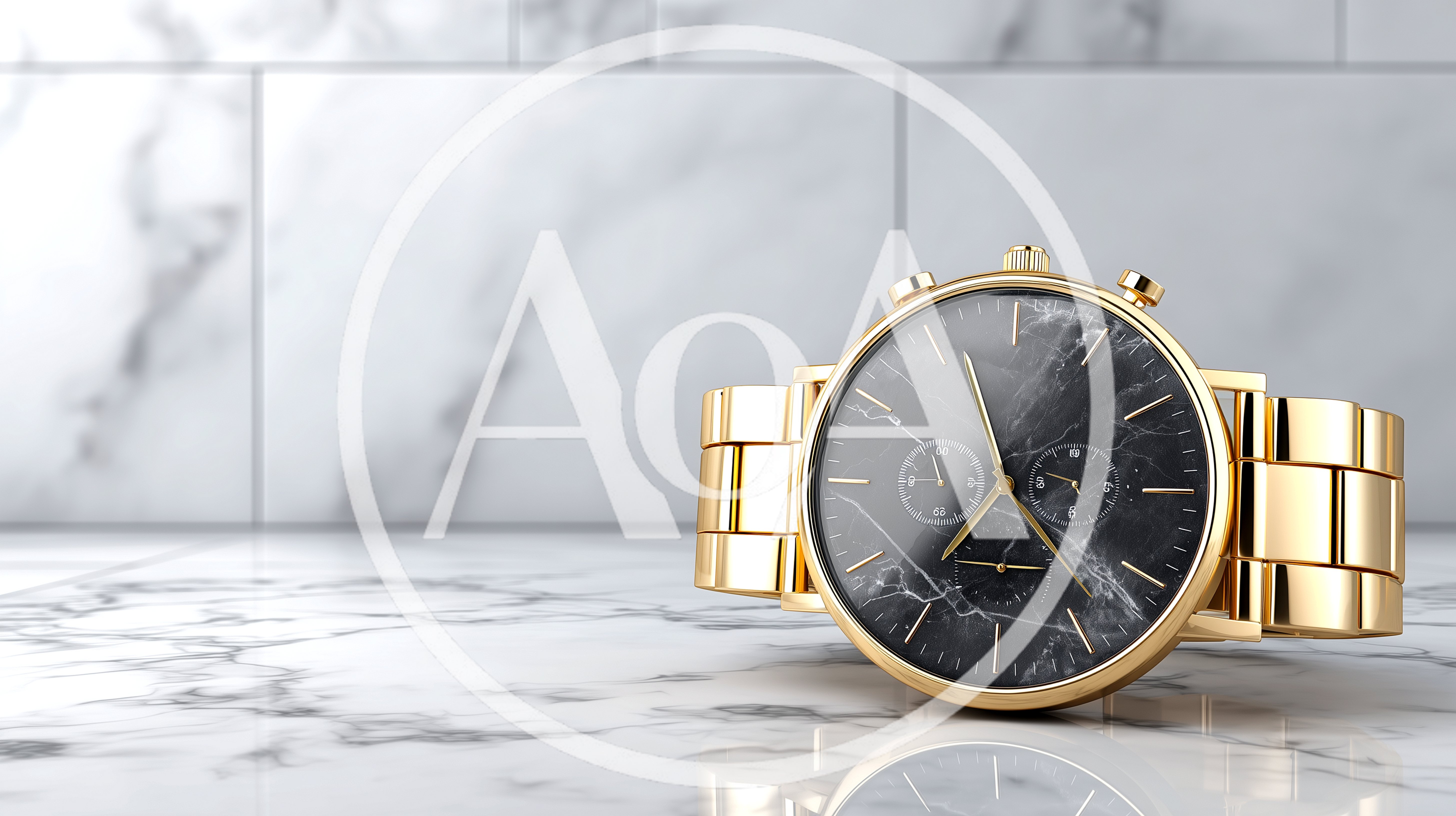 Gold Chronograph Watch With Marble Face On Marble Surface