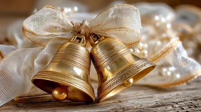 Two Golden Christmas Bells With White Ribbon