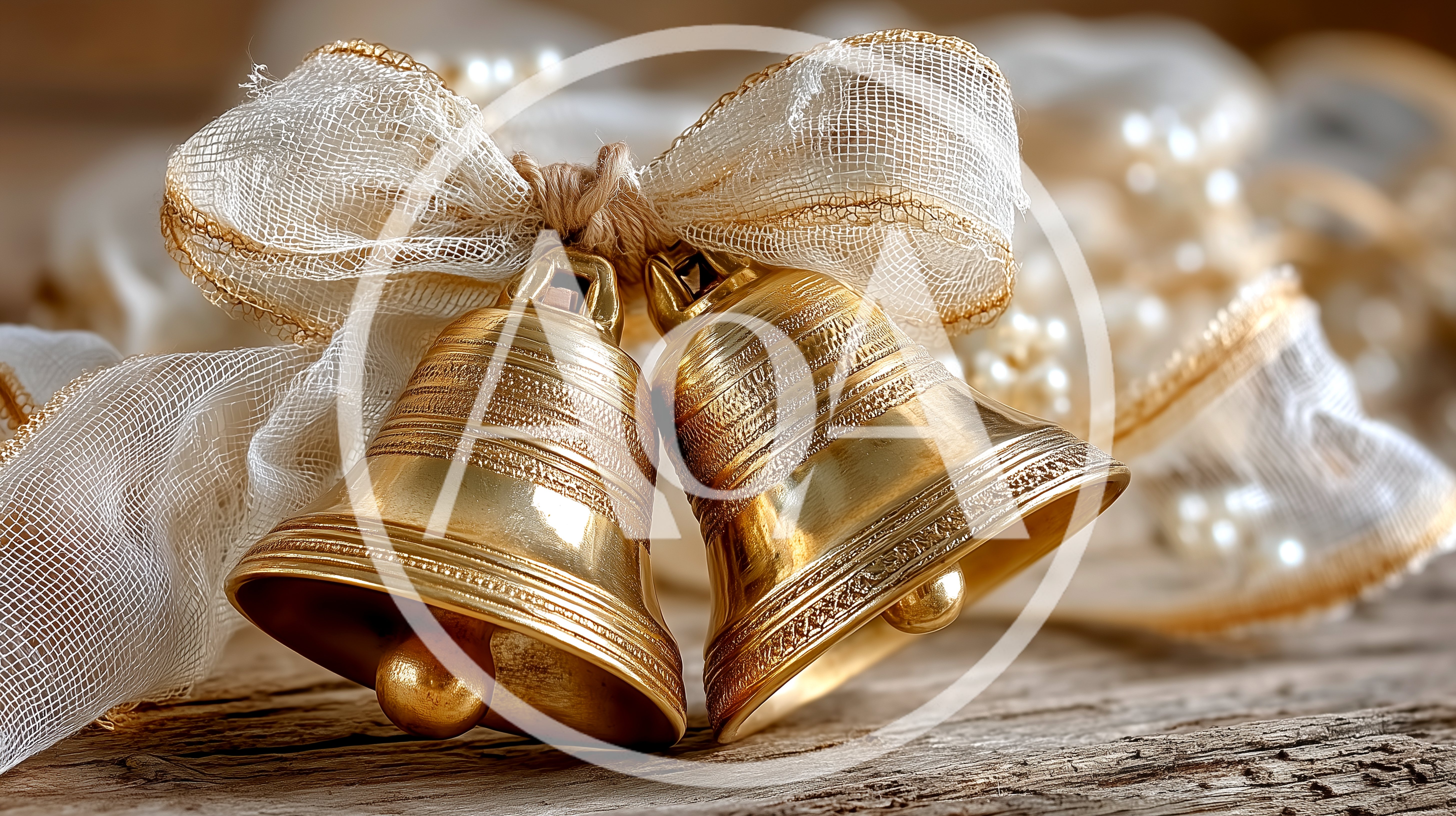 Two Golden Christmas Bells With White Ribbon