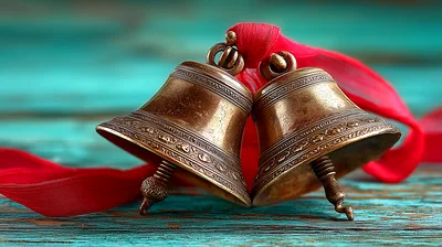 Two Antique Brass Bells With Red Ribbon